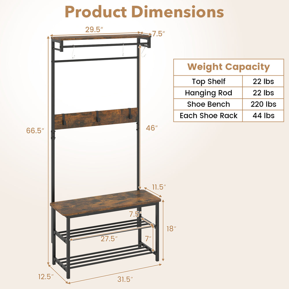Coat rack hall tree with shoe bench, removable hooks, and coffee finish; dimensions and weight capacity detailed.