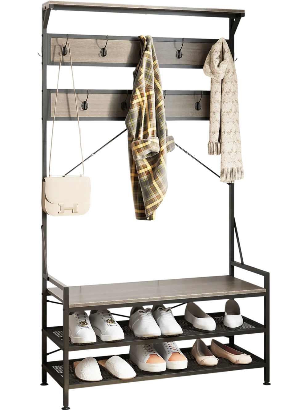 Coat rack hall tree with 11 hooks and a gray shoe bench, featuring a top shelf and 2-tier shoe storage for organization.