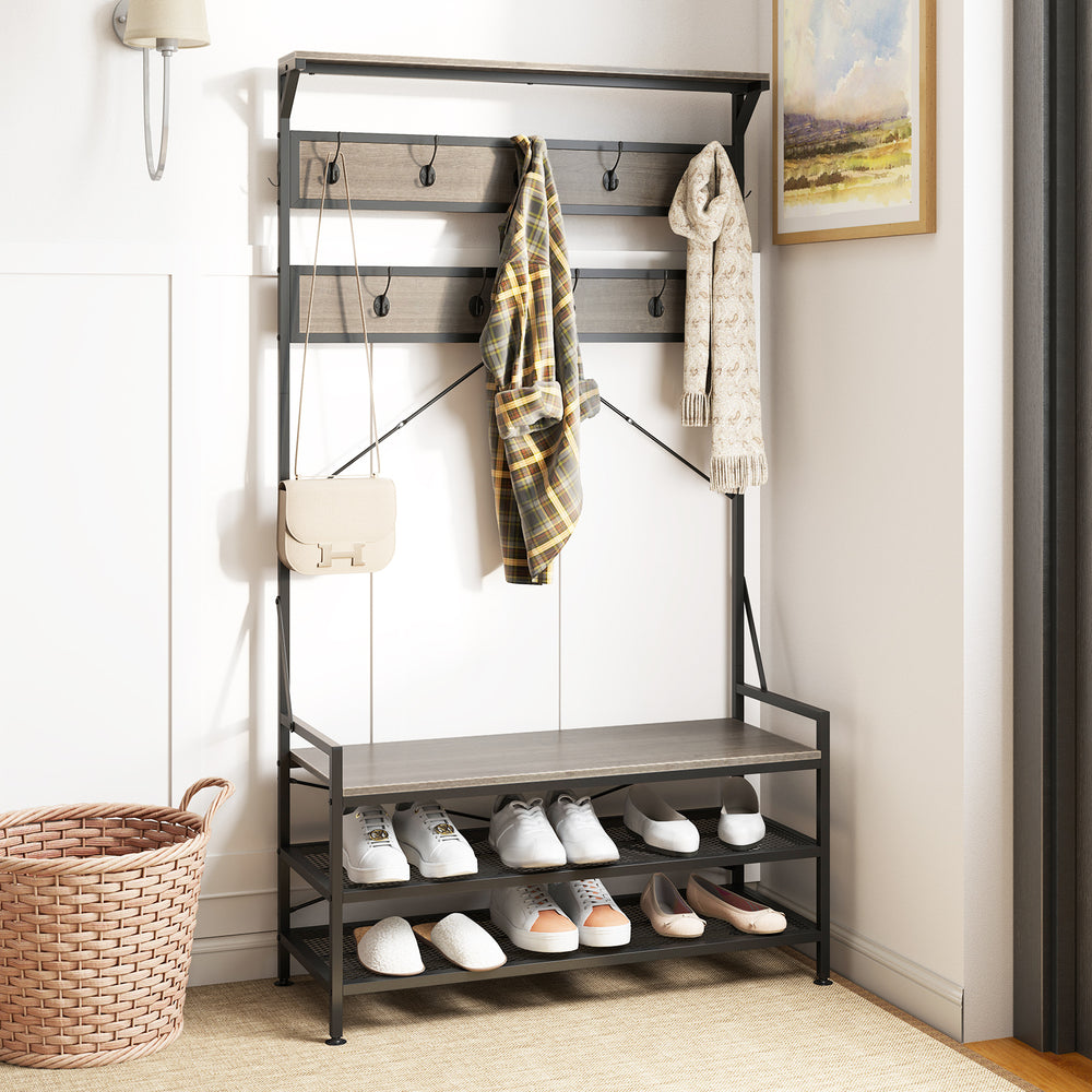 Coat Rack 4-In-1 Hall Tree with 11 Hanging Hooks Shoe Bench-Gray - Gallery View 1 of 10