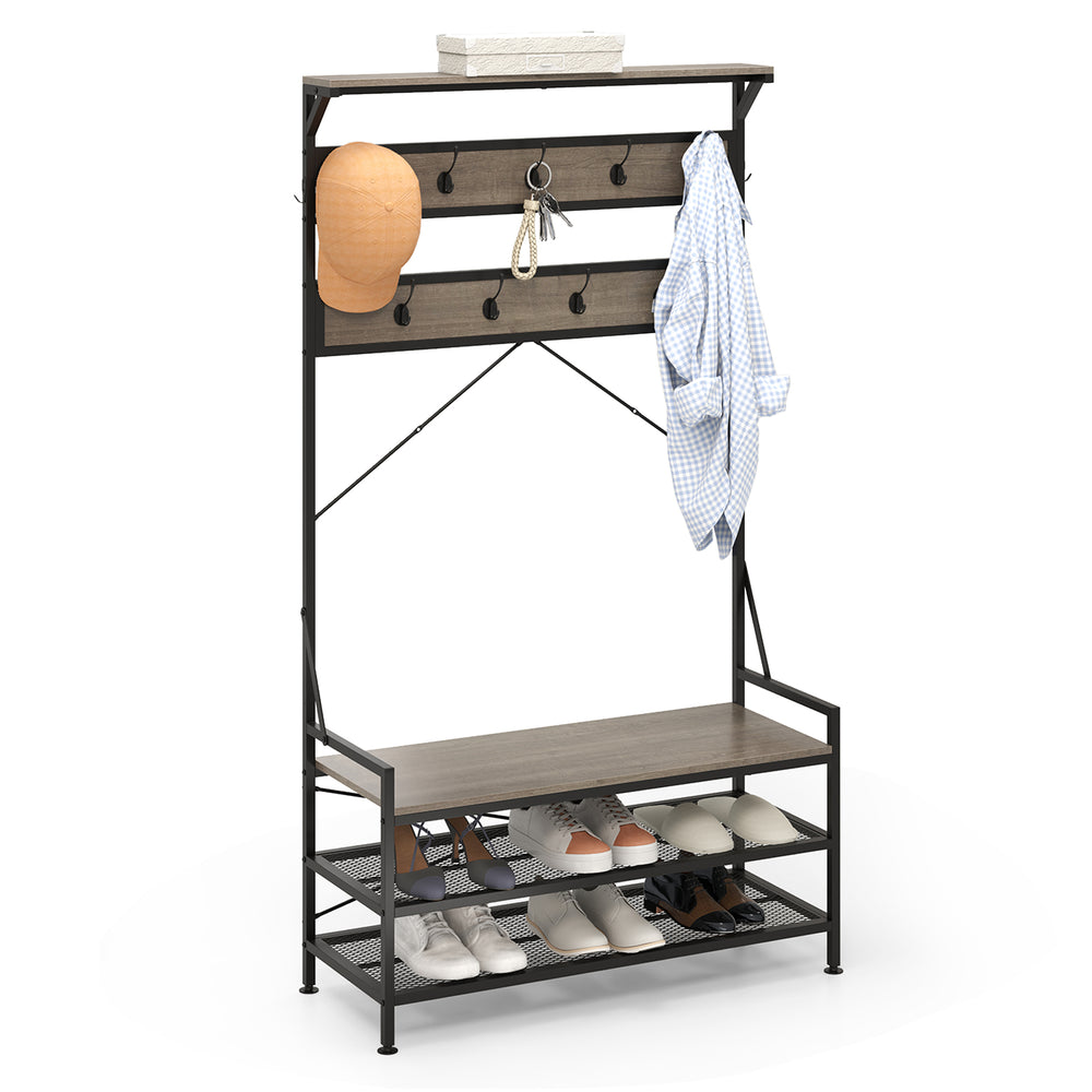 Coat rack hall tree with 11 hooks, gray shoe bench, and 2-tier shoe rack for organized entryway storage.