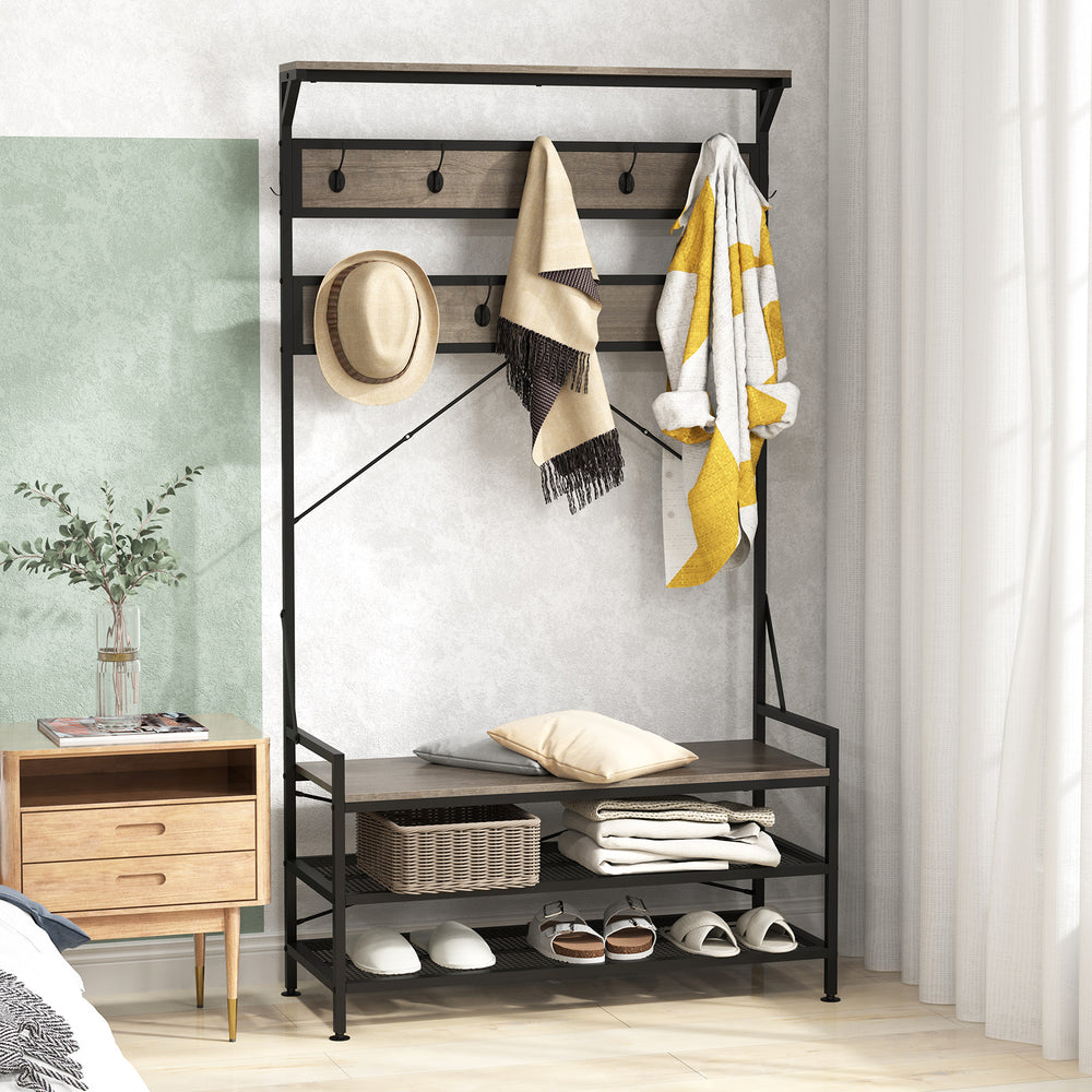 Coat rack hall tree in gray with 11 hooks and shoe bench, featuring a top shelf and 2-tier shoe storage for.