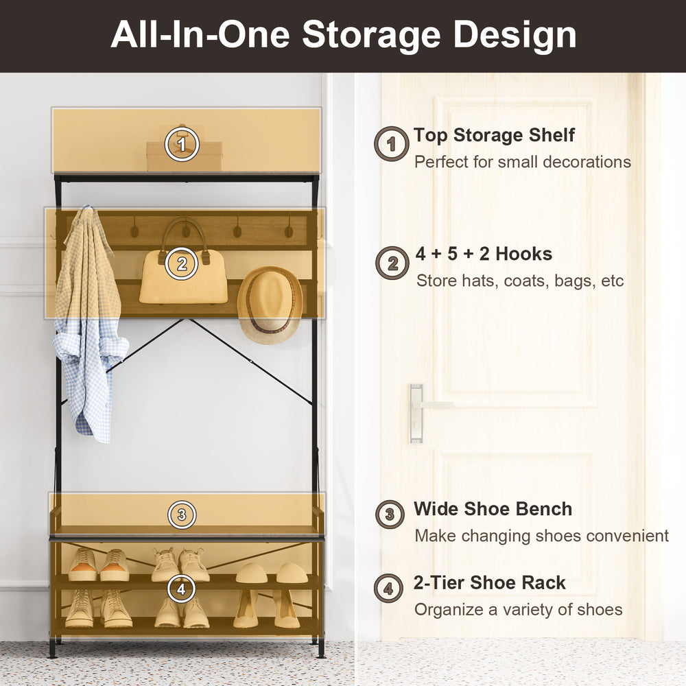 Coat rack hall tree with gray finish, featuring 11 hooks, wide shoe bench, and 2-tier shoe rack for organized entryway.