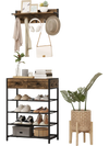 5-tier shoe rack with wall-mounted coat hanger in brown, featuring drawers and hooks for entryway organization.