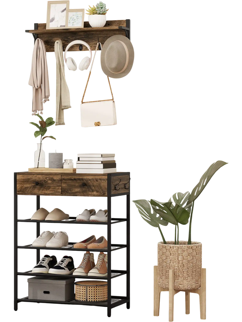 5-tier shoe rack with wall-mounted coat hanger in brown, featuring drawers and hooks for entryway organization.