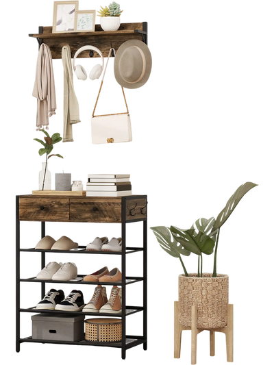 Costway 5-Tier Shoe Rack Coat Rack Set Wall-Mounted Hanger Brown 472981365 New