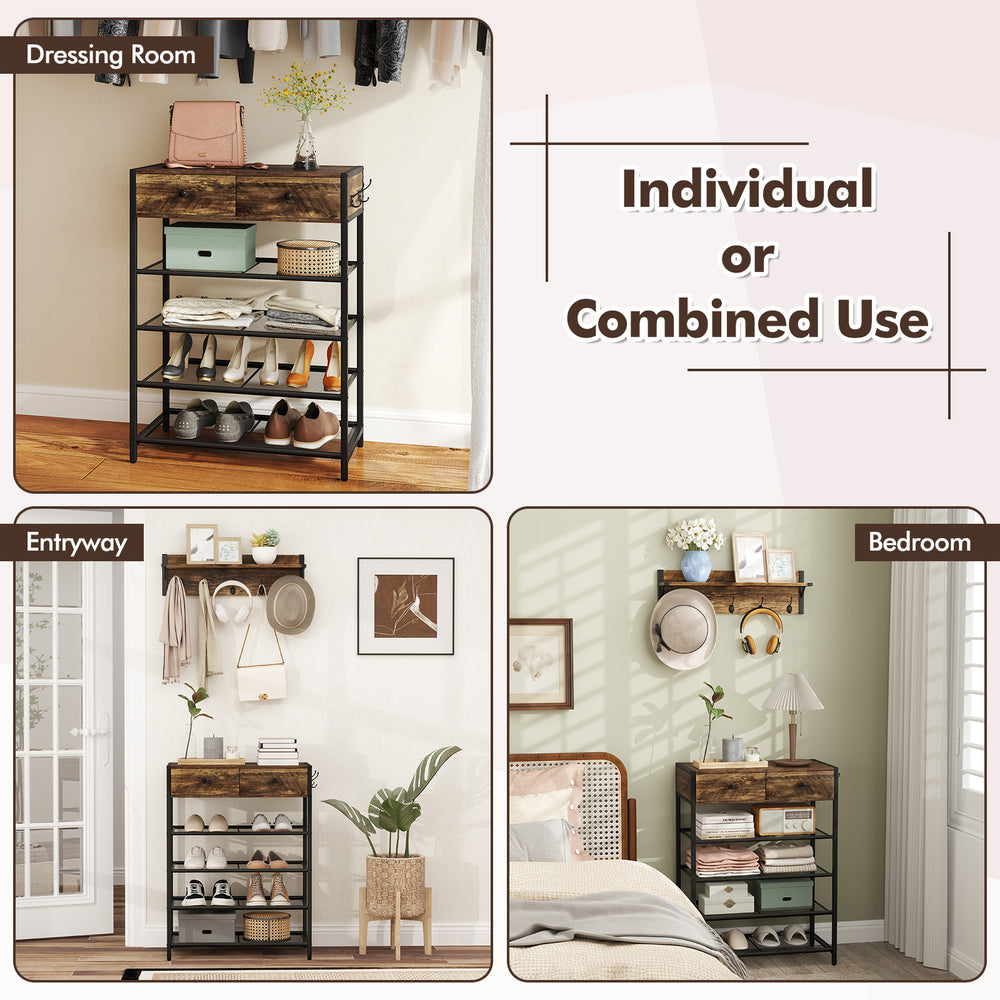5-tier shoe rack with wall-mounted coat hanger in brown, featuring drawers and hooks for versatile storage solutions.