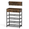 Coat rack shoe stand set in brown with 5-tier shoe rack, 2 drawers, and wall-mounted coat hanger for entryway.