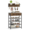 5-tier shoe rack with wall-mounted coat hanger, brown finish, featuring drawers and hooks for entryway organization.