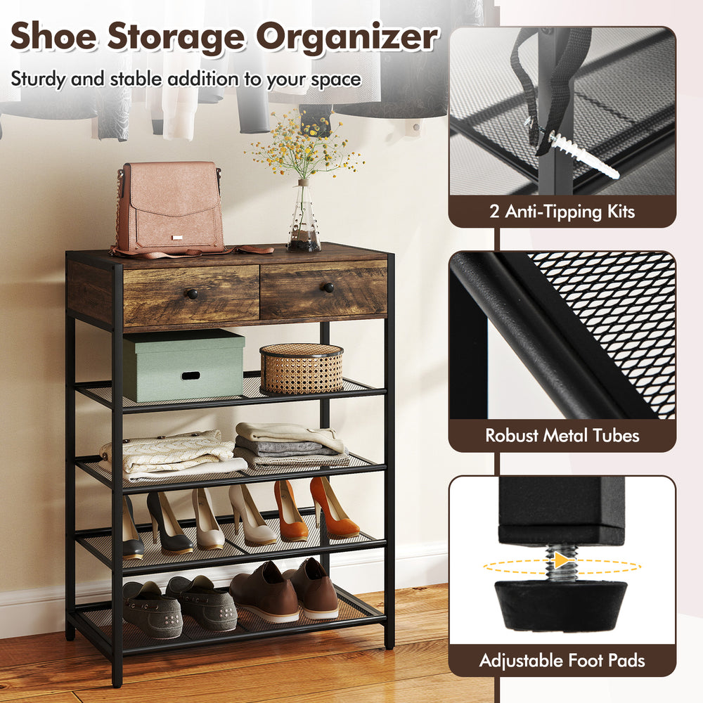 5-tier shoe rack with brown finish, 2 drawers, and wall-mounted coat hanger, perfect for small spaces and entryways.
