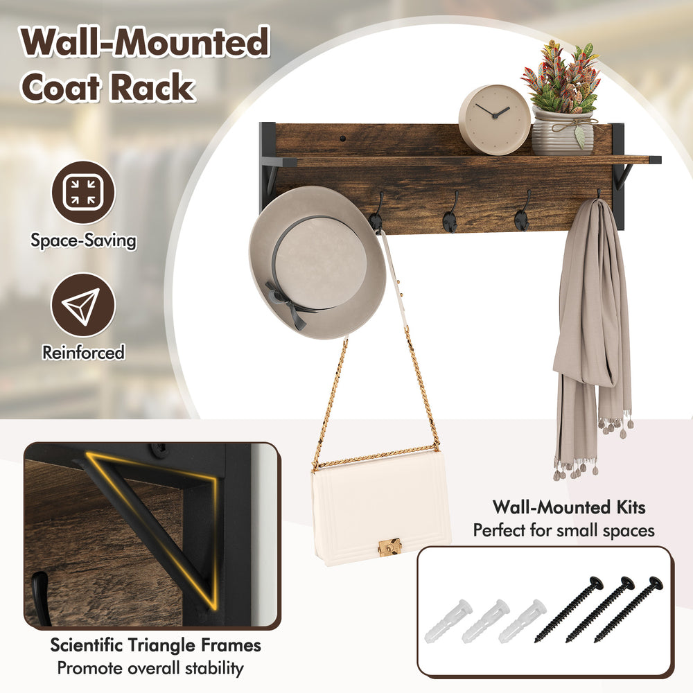 Wall-mounted coat rack with 5 hooks and floating shelf in brown, ideal for small spaces and entryways.