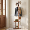 Coat rack showcasing a stable structure with rubber wood hooks and two shelves, perfect for stylish entryway.