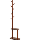 Coat rack with solid rubber wood frame and two shelves, designed for efficient storage in entryways and living rooms.