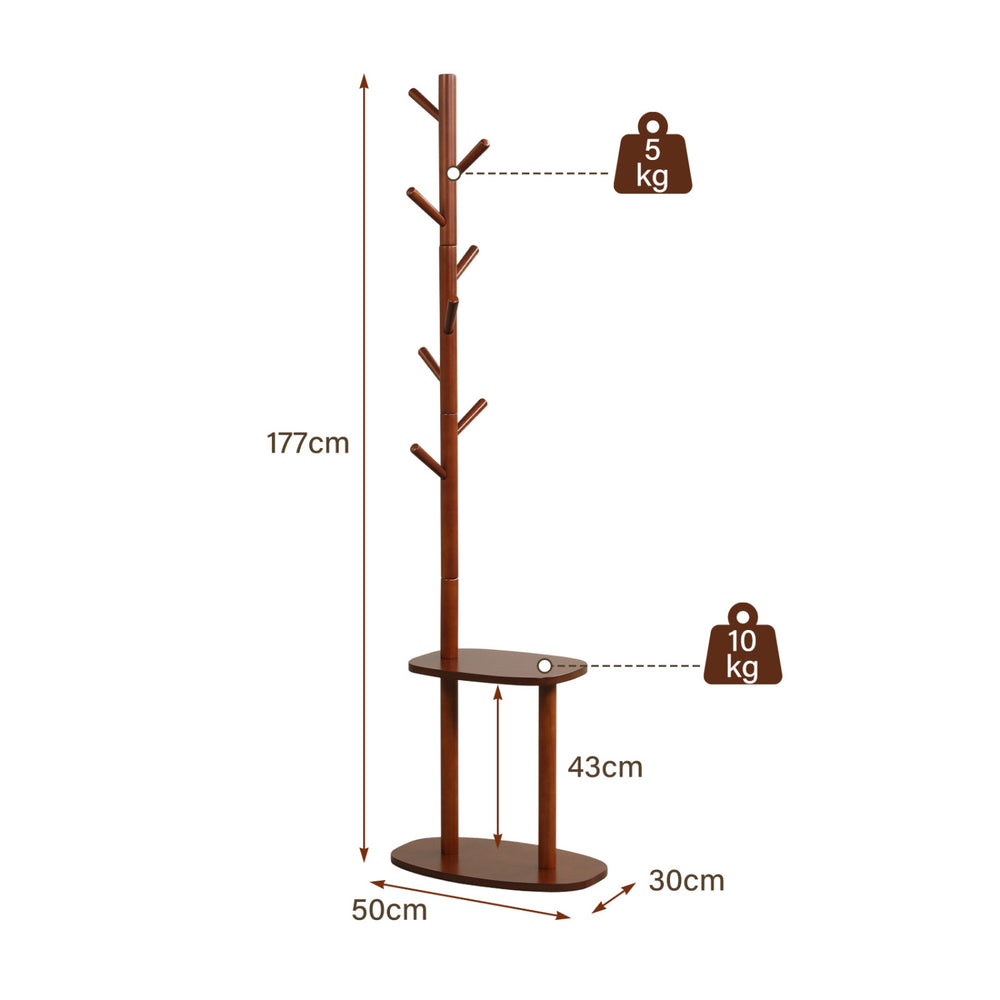 Coat rack with 8 rubber wood hooks and 2 storage shelves in walnut finish, ideal for entryways and space-saving use.