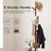 Coat rack with 8 rubber wood hooks and 2 storage shelves, ideal for organizing hats, bags, and coats in entryways.