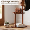 Coat rack with 8 rubber wood hooks and 2 storage shelves in walnut finish, perfect for entryways and organization.