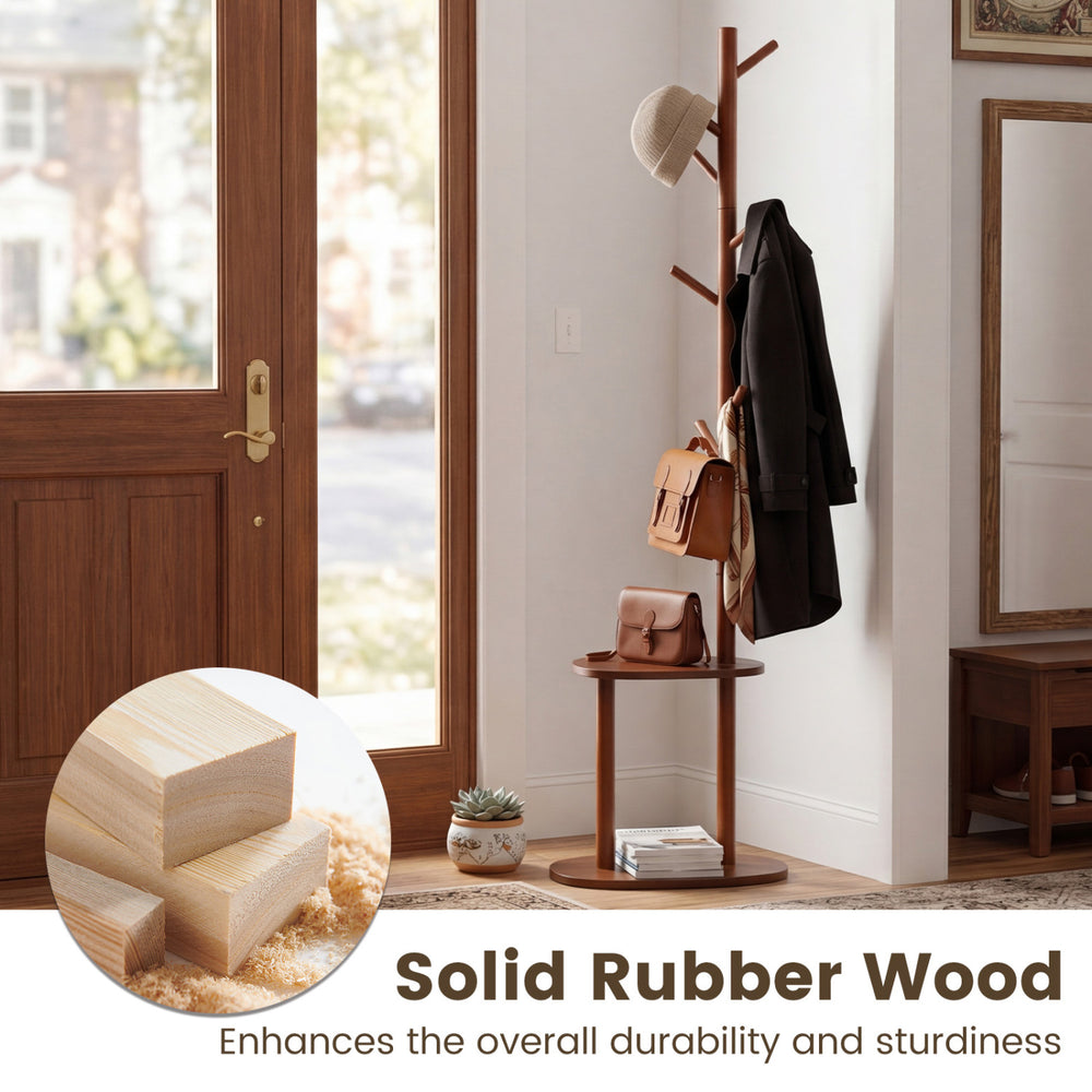 Coat rack with 8 rubber wood hooks and 2 storage shelves in walnut, perfect for entryways and space-saving organization.