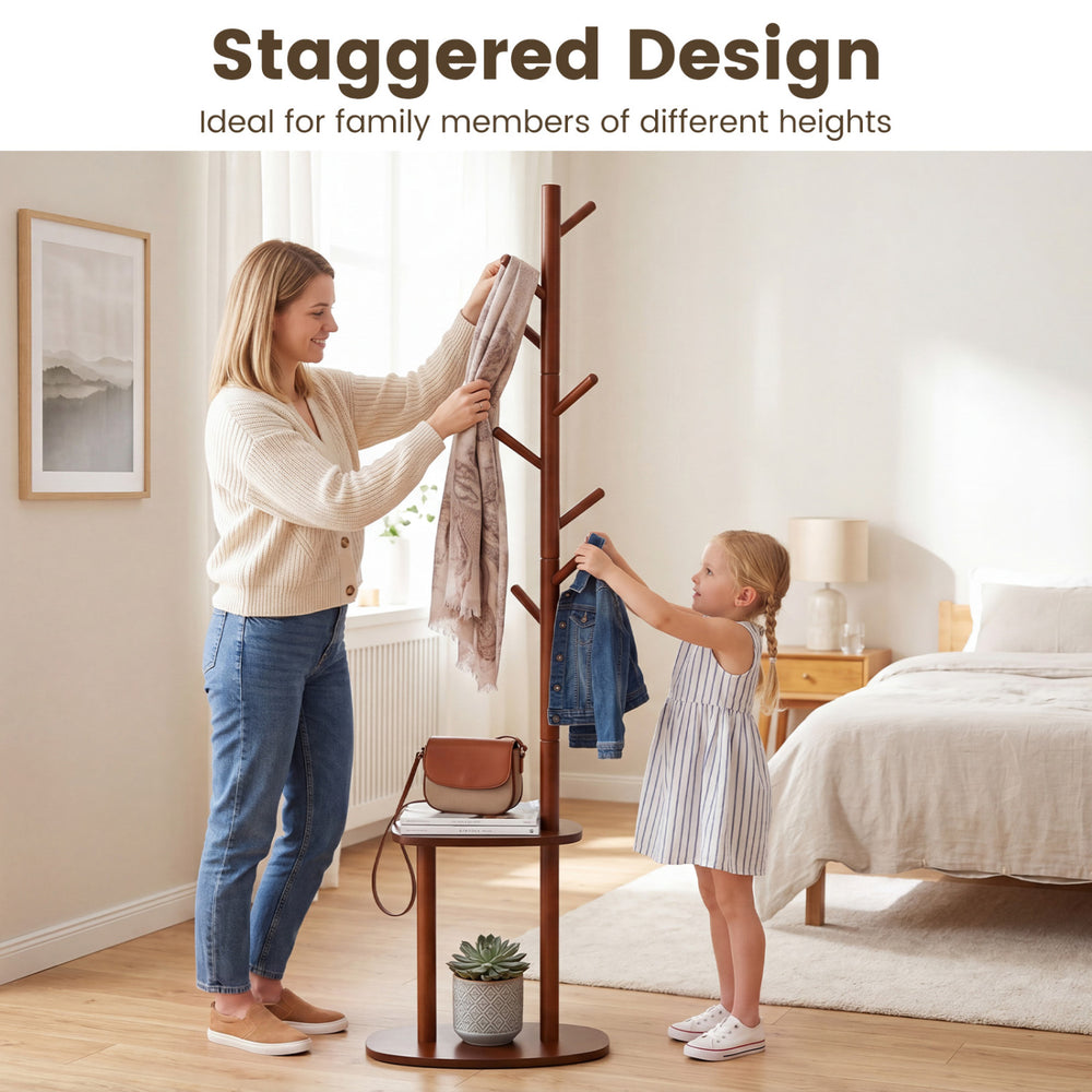 Coat rack with 8 rubber wood hooks and 2 storage shelves, featuring a staggered design for versatile organization.