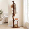 Coat rack with 8 rubber wood hooks and 2 storage shelves in walnut finish, perfect for entryways and bedrooms.