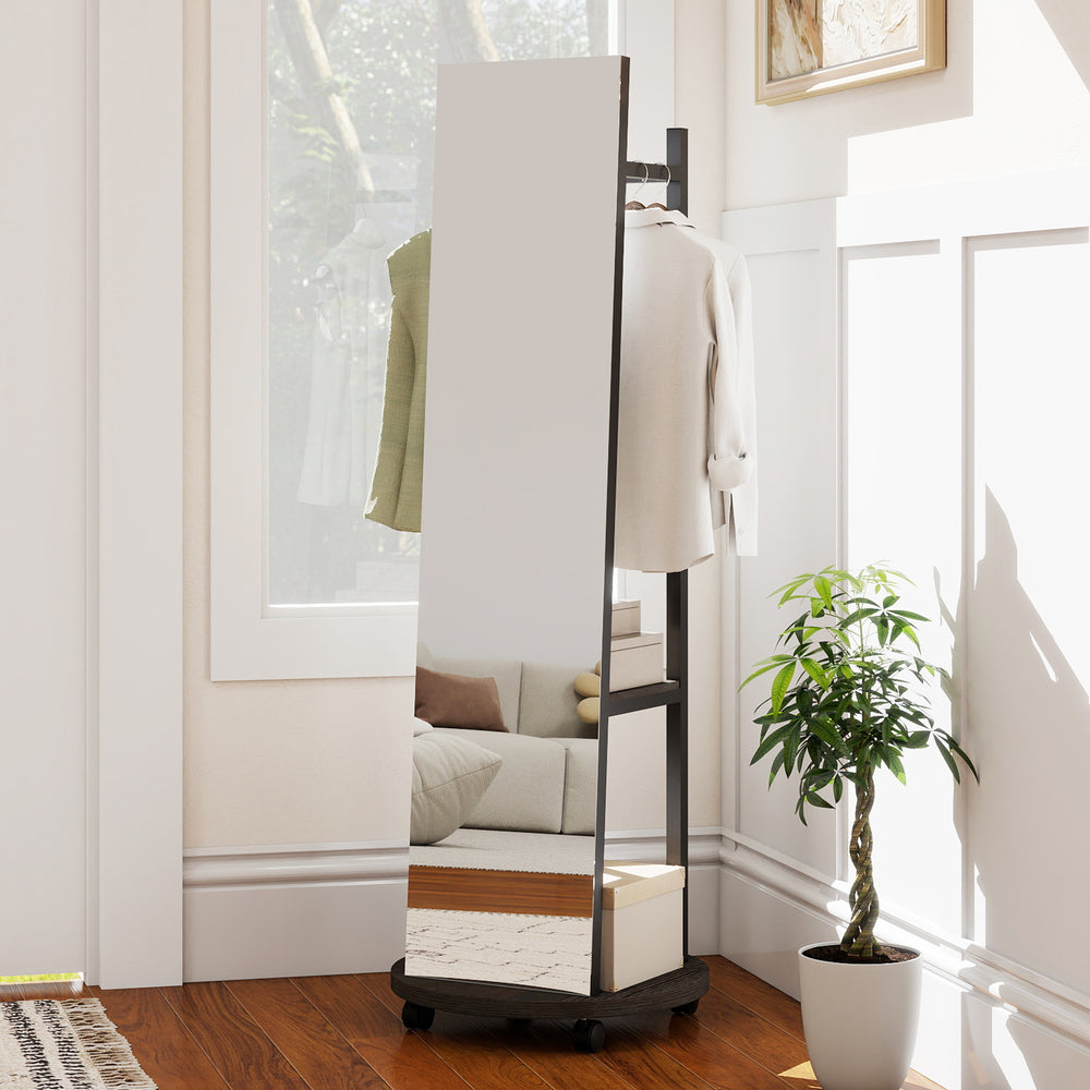 Freestanding coat rack with full-length mirror, walnut finish, featuring 3 hooks and bottom storage shelves for.