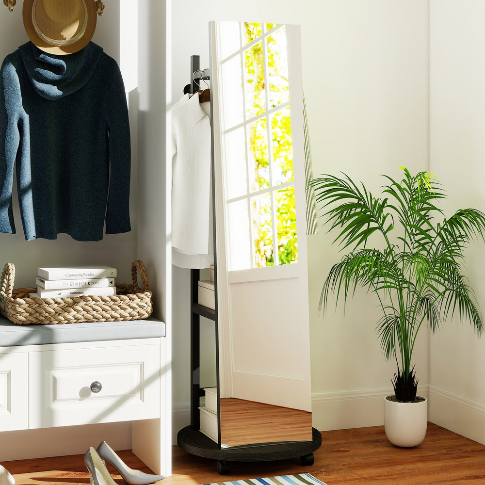 Freestanding coat rack with full-length mirror in walnut, featuring 3 hooks and bottom storage for shoes and bags.