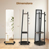 Dimensions of the freestanding walnut coat rack with full-length mirror, showcasing height and width for compact spaces.
