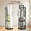 Freestanding walnut coat rack with full-length mirror and hanging rods, perfect for organizing coats and accessories.