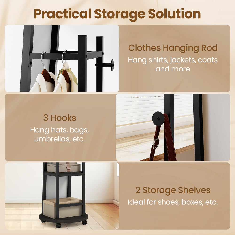 Freestanding coat rack with full-length mirror, 3 hooks, and 2 storage shelves for shoes and bags in walnut finish.