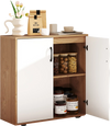 Coffee bar cabinet with white doors and natural wood finish, featuring adjustable shelves for versatile storage in any.