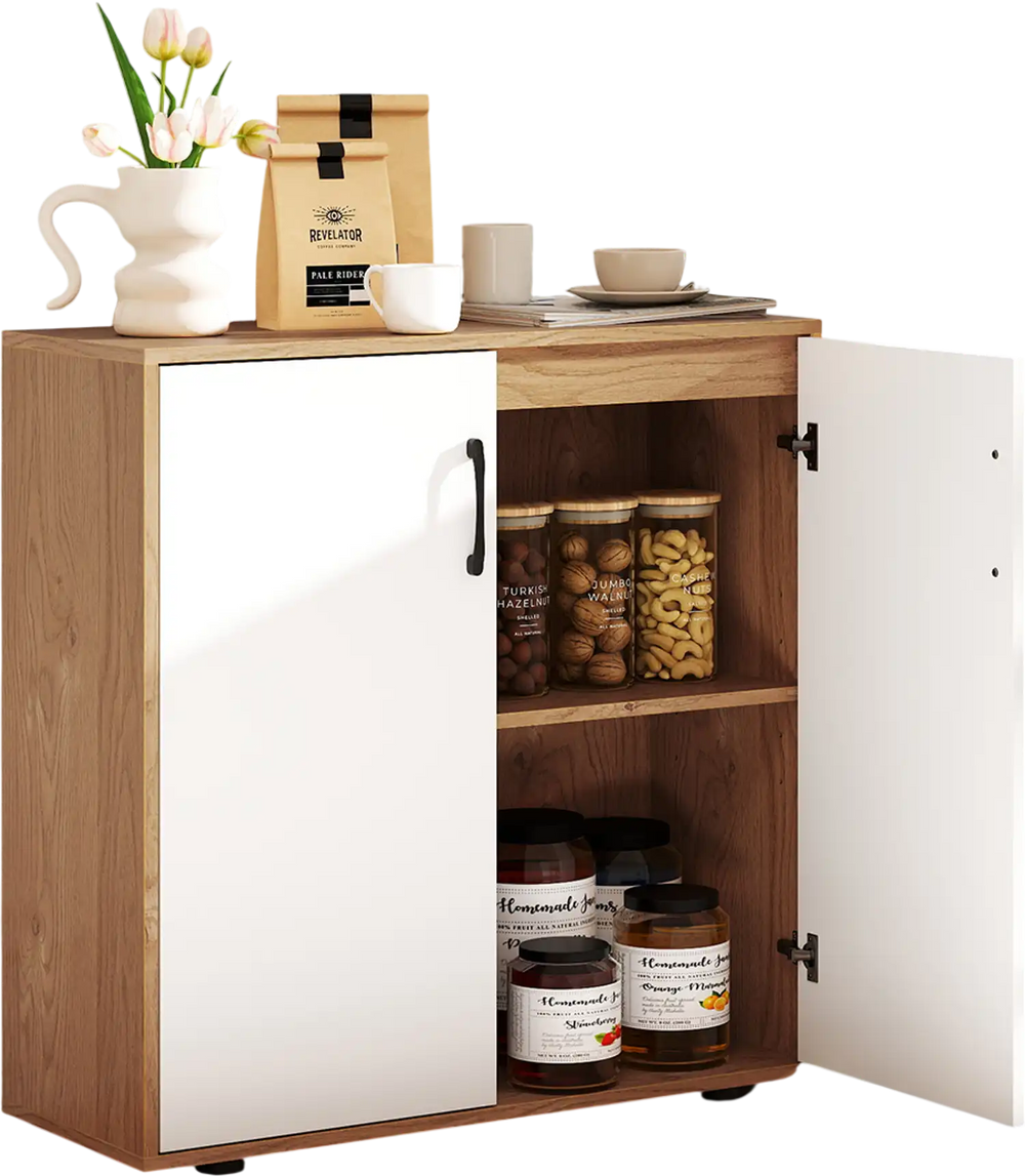 Coffee bar cabinet with white doors and natural wood finish, featuring adjustable shelves for versatile storage in any.
