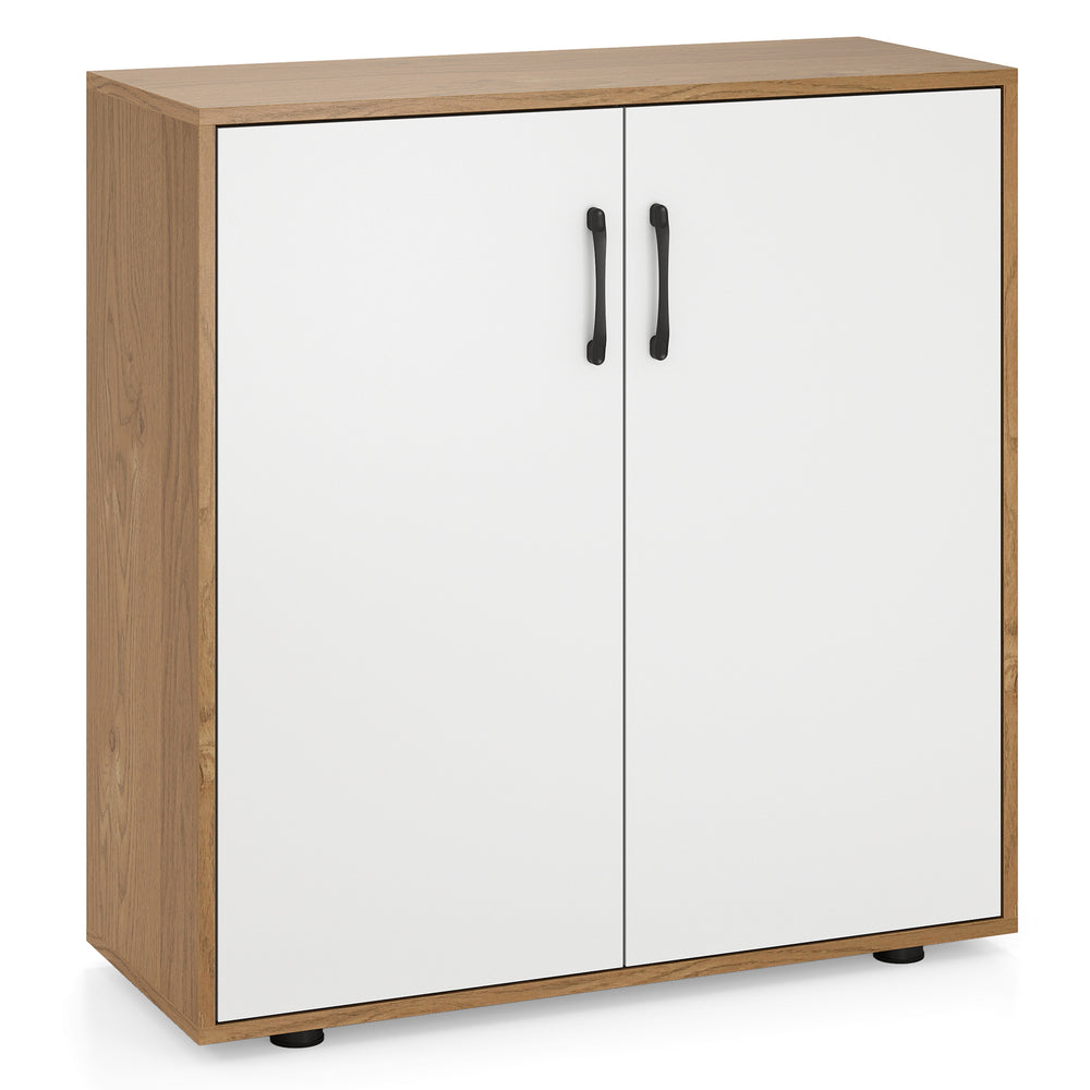 Two-door coffee bar cabinet in natural wood finish with adjustable shelf, ideal for living or dining room storage.