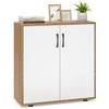 Coffee bar cabinet with white doors and natural wood finish, featuring adjustable shelf for versatile storage in living.