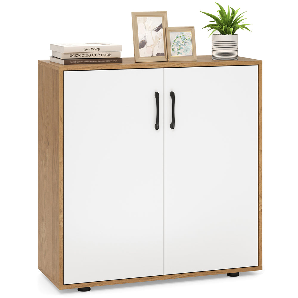Coffee bar cabinet with white doors and natural wood finish, featuring adjustable shelf for versatile storage in living.