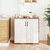 Coffee bar cabinet with white doors and natural wood accents, featuring a spacious countertop and adjustable shelf for.