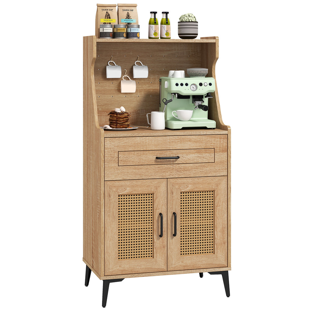 Coffee bar cabinet in oak with rattan doors, pegboard storage, and adjustable shelves for kitchen organization.