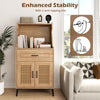 Coffee bar cabinet with anti-tipping kits, rattan doors, and ample storage space for safe kitchen use and organization.