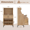Coffee bar cabinet dimensions with pegboard storage, adjustable shelves, and rattan doors for kitchen organization.