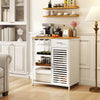 Coffee bar cabinet in white with bamboo top, featuring a wine rack, glass holder, and ample storage space for home use.