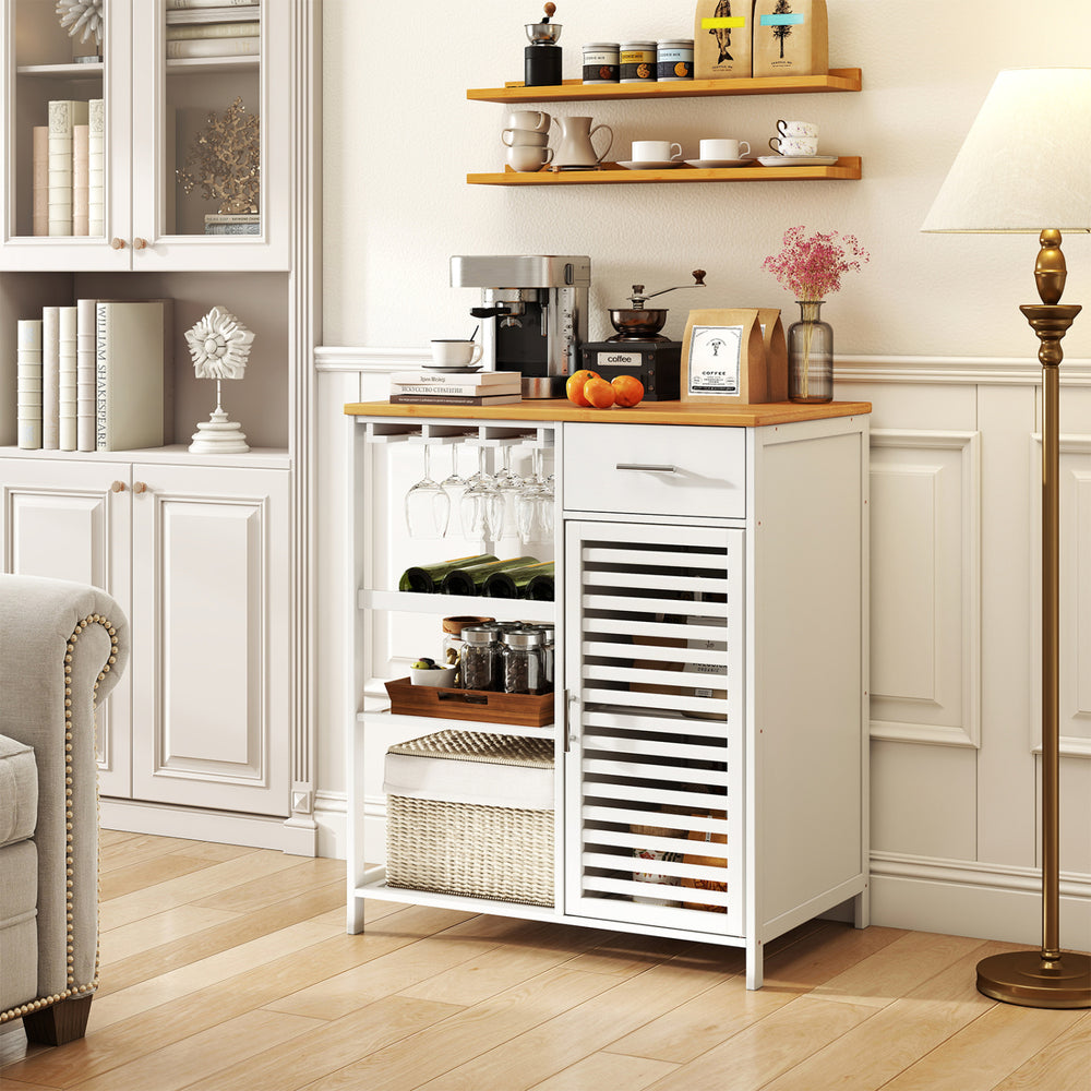 Coffee bar cabinet in white with bamboo top, featuring a wine rack, glass holder, and ample storage space for home use.