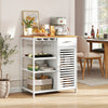 Coffee bar cabinet in white with bamboo top, featuring wine glass holder, wine rack, and spacious storage for home use.