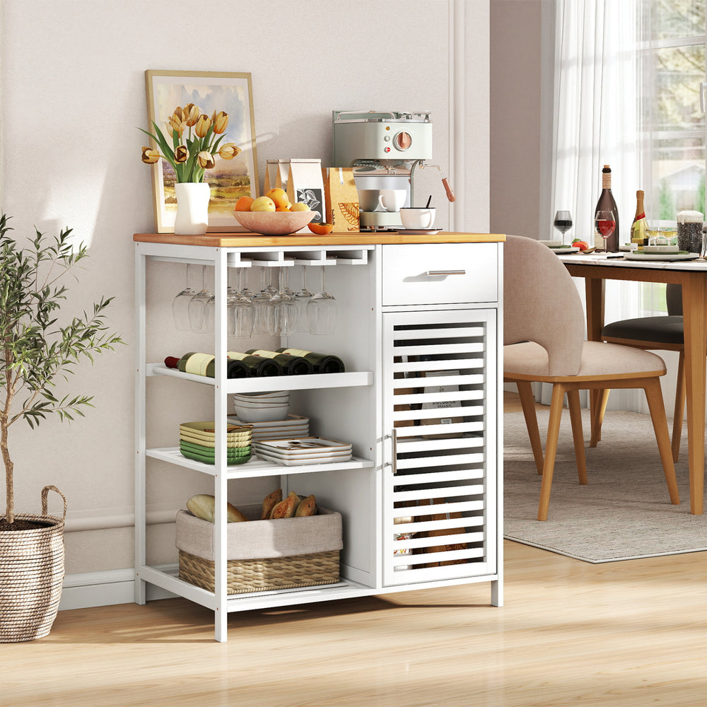 Coffee bar cabinet in white with bamboo top, featuring wine glass holder, wine rack, and spacious storage for home use.