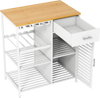 Coffee bar cabinet with bamboo top, wine glass holder, spacious drawer, and slatted shelves for organized storage.