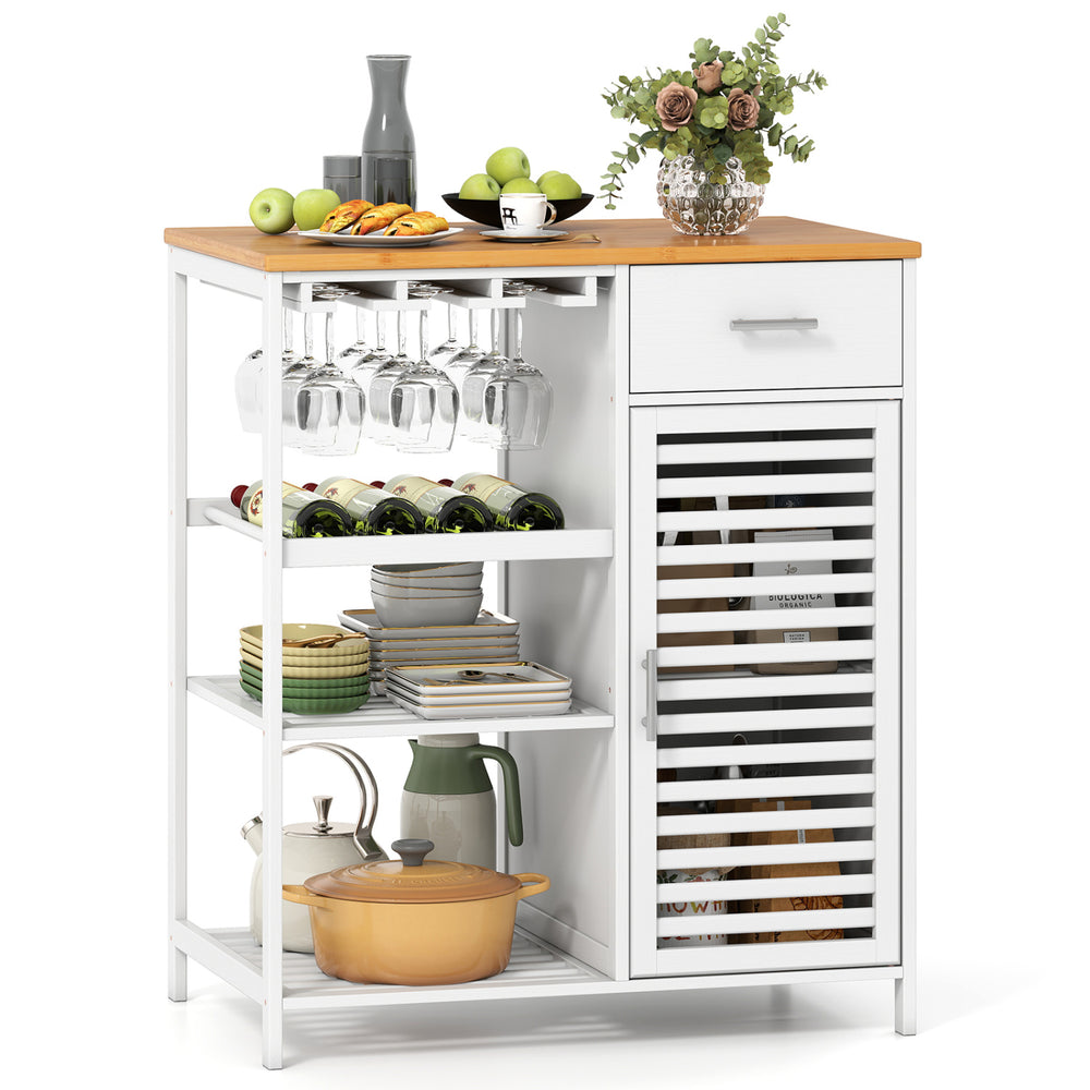 Coffee bar cabinet with a drawer and slatted door, providing ample storage for wine bottles and kitchenware.
