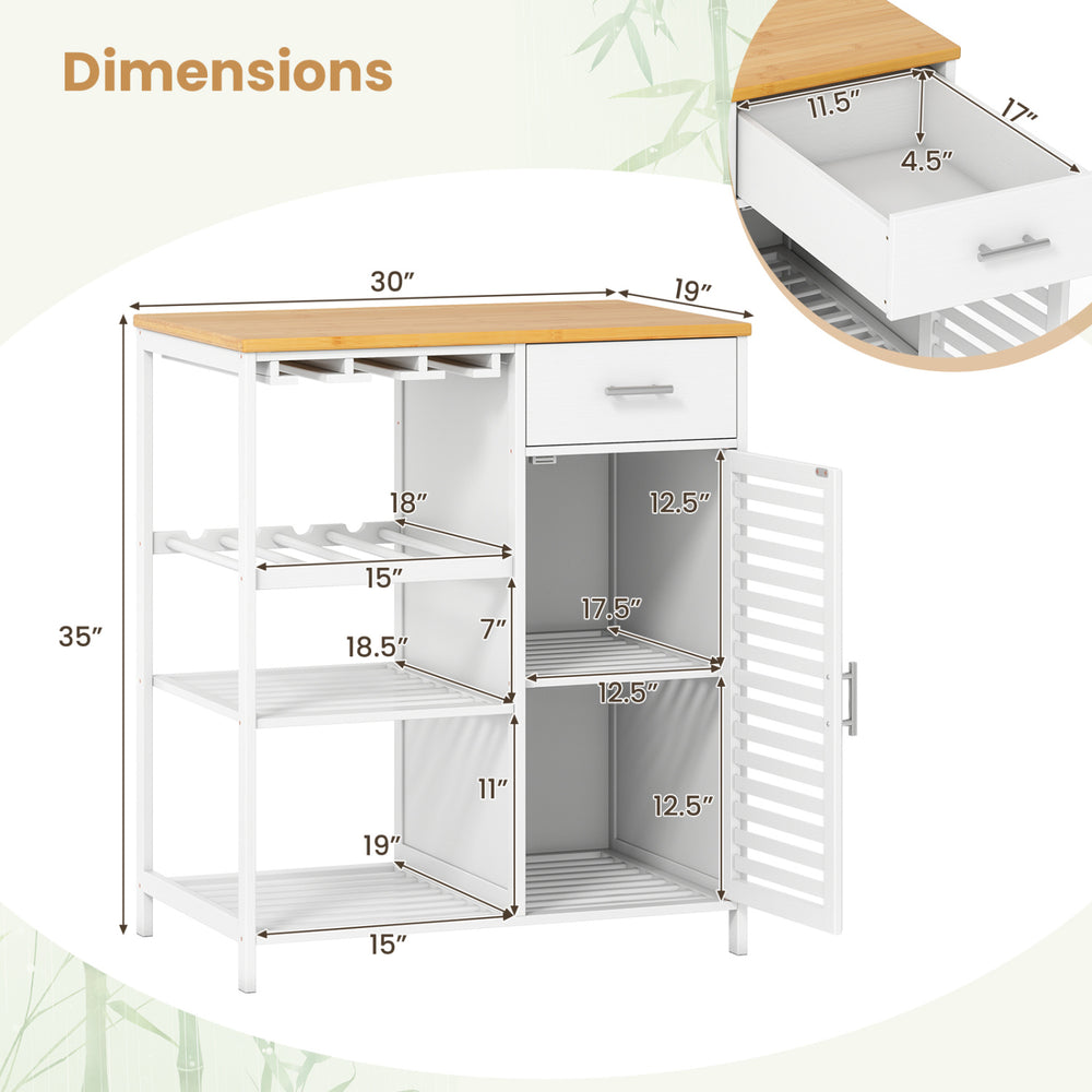Coffee bar cabinet with bamboo top, wine glass holder, and slatted shelves for stylish and spacious storage.
