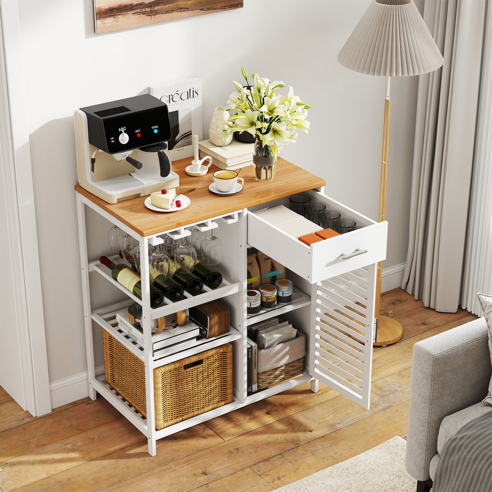Coffee bar cabinet with bamboo top, wine glass holder, spacious drawer, and storage for wine bottles and accessories.