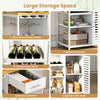 Coffee bar cabinet in white featuring a 3-row wine glass holder, 4-bottle wine rack, and spacious bamboo top for storage.