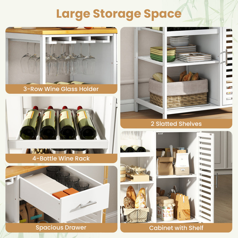 Coffee bar cabinet in white featuring a 3-row wine glass holder, 4-bottle wine rack, and spacious bamboo top for storage.