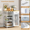 Coffee bar cabinet with bamboo top, wine glass holder, and slatted shelves for stylish and functional storage.