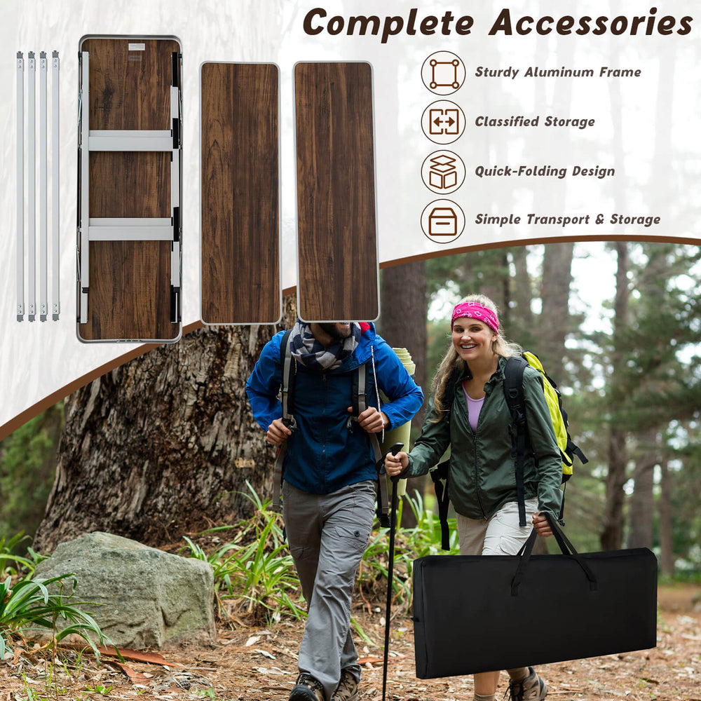 Folding camping table with 2-tier shelves, aluminum frame, and waterproof surface, perfect for outdoor BBQs and picnics.