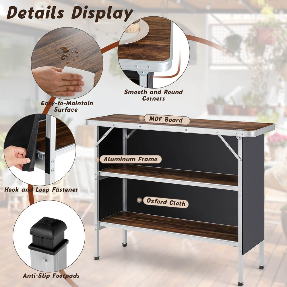 Folding camping table with 2-tier open shelves, aluminum frame, and waterproof surface for outdoor BBQ and picnics.
