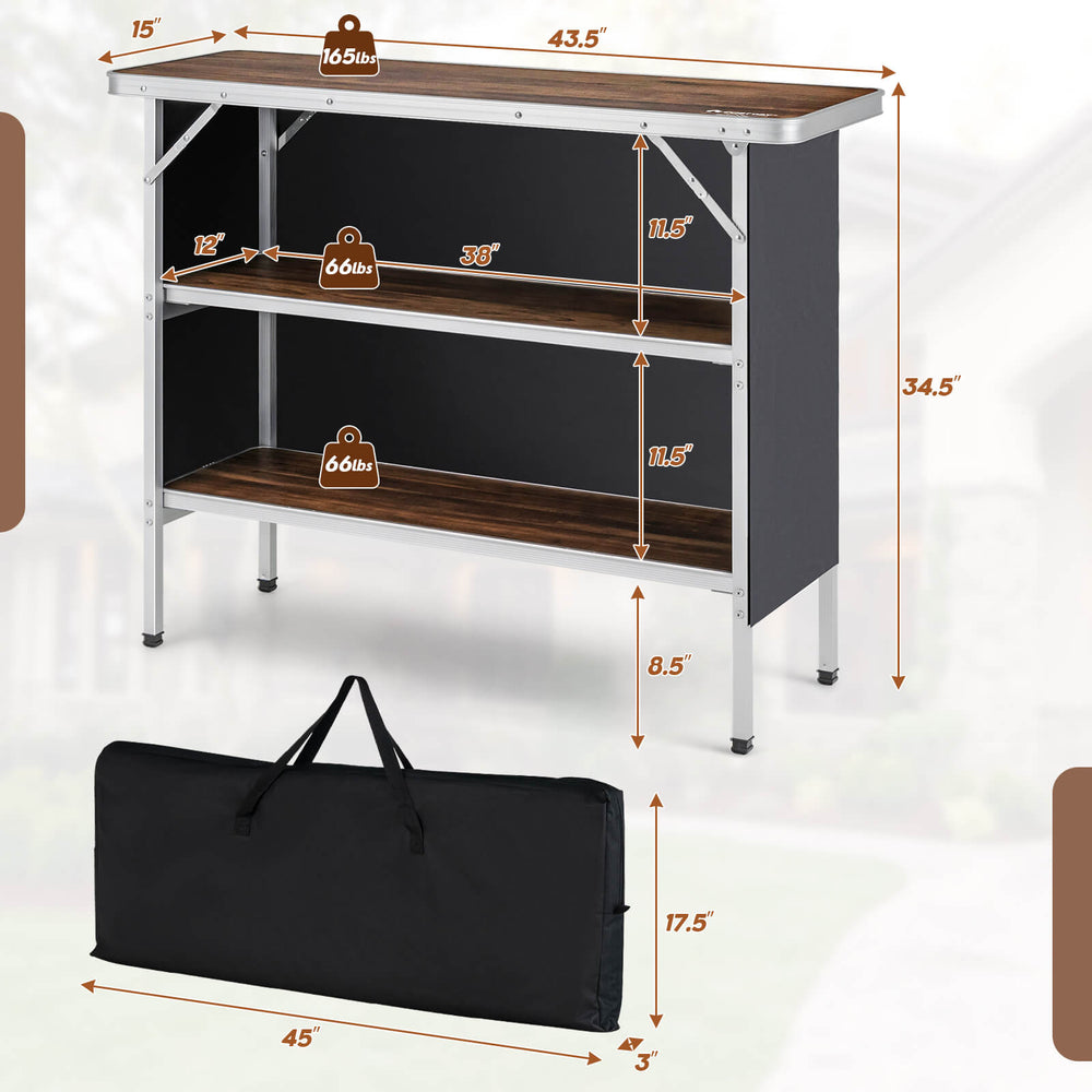 Folding camping table featuring a 43.5" wide tabletop and dimensions for easy setup, perfect for outdoor gatherings.